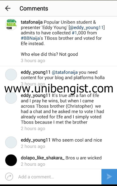 Uniben Student (Eddy Young) receives harsh comments From Nigerians for Scamming TBoss Younger Brother- See reactions
