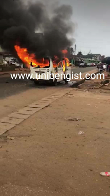 PHOTOS/VIDEO: Commuters escape death, as Uniben Shuttle bus catches fire on motion